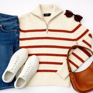 Monoprix Femme Striped Half-Zip Sweater XS White Rust Ribbed Knit Pullover EUC